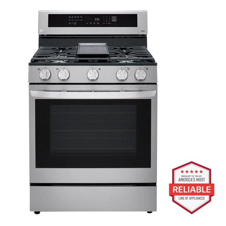 Front view of the 5.8 cu ft. Smart Wi-Fi Enabled True Convection InstaView® Gas Range with Air Fry - LRGL5825F. 