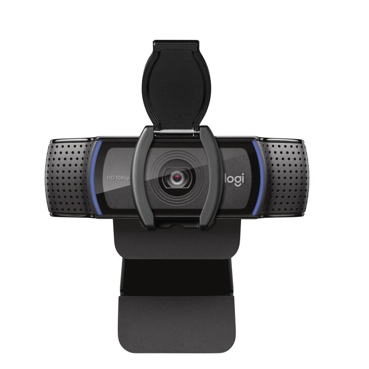 Logitech 960001257 HD 1080p webcam with privacy cover open showing camera lens and built-in microphones with blue accent lighting