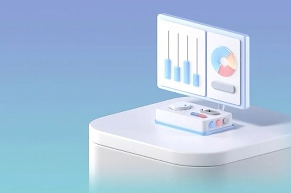 3D Minimalist computer monitor with stylized controls on screen, with a blue-green gradient background