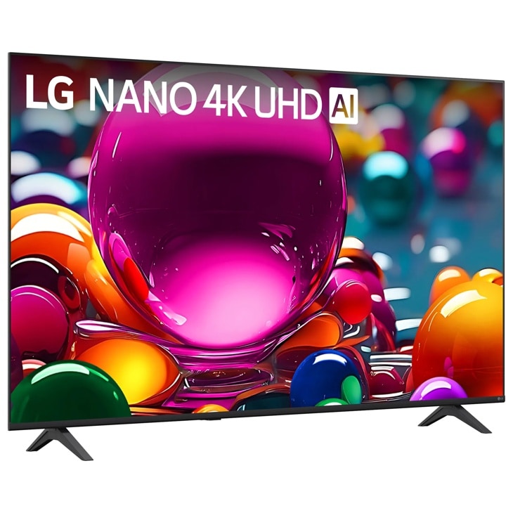 65-Inch LG NANO 4K UHD AI TV 65NU850BAUA displaying vibrant colorful spheres - Side Angle