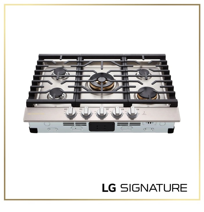 CBGU3039X Gas Cooktop with five burners featuring stainless steel surface, black grates, and control knobs - Top-Down View