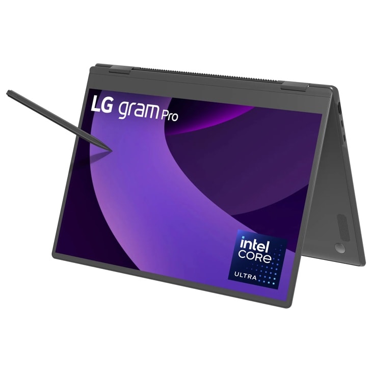 LG gram Pro laptop with Intel Core Ultra, purple display, stylus, and ports on side, angled view