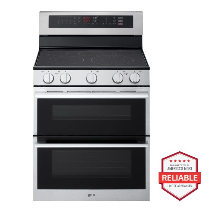 LG LDEL7324YE Electric Range with Double Oven and Five Burner Cooktop - Front View with America's Most Reliable Line of Appliances Badge