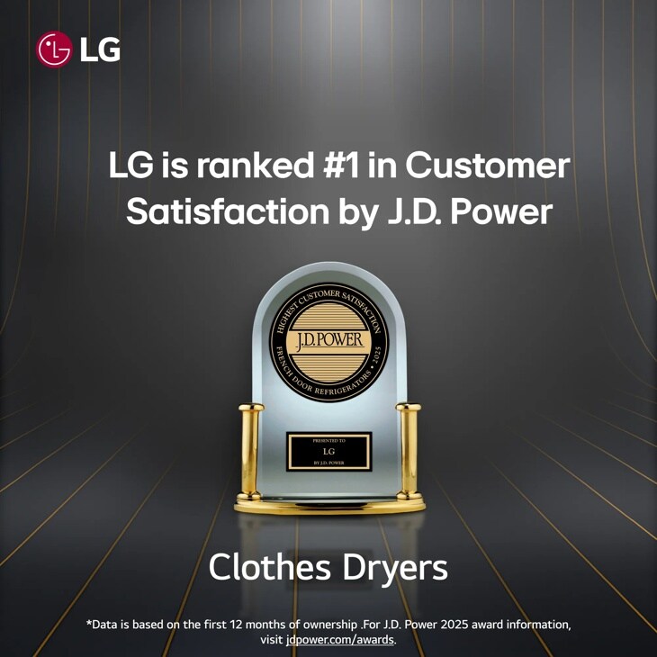 LG DLE7150X Dryer ranked #1 in Customer Satisfaction by J.D. Power with Highest Customer Satisfaction award for Clothes Dryers 2025
*Data is based on the first 12 months of ownership. For J.D. power 2025 award information visit jdpower.com/awards.