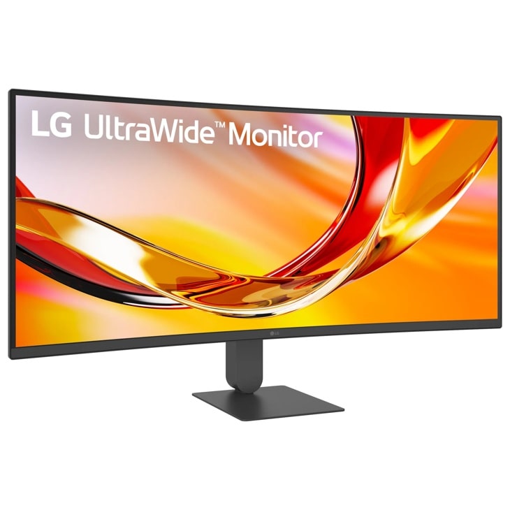 LG 34U640B-B 34-Inch UltraWide Monitor displaying vibrant orange and red abstract waves on screen with square base stand - Left View