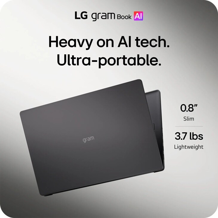 LG gram Book AI 15U50U-H_AA56U1 laptop infographic highlighting AI tech ultra-portable design 0.8 inch slim 3.7 lbs lightweight