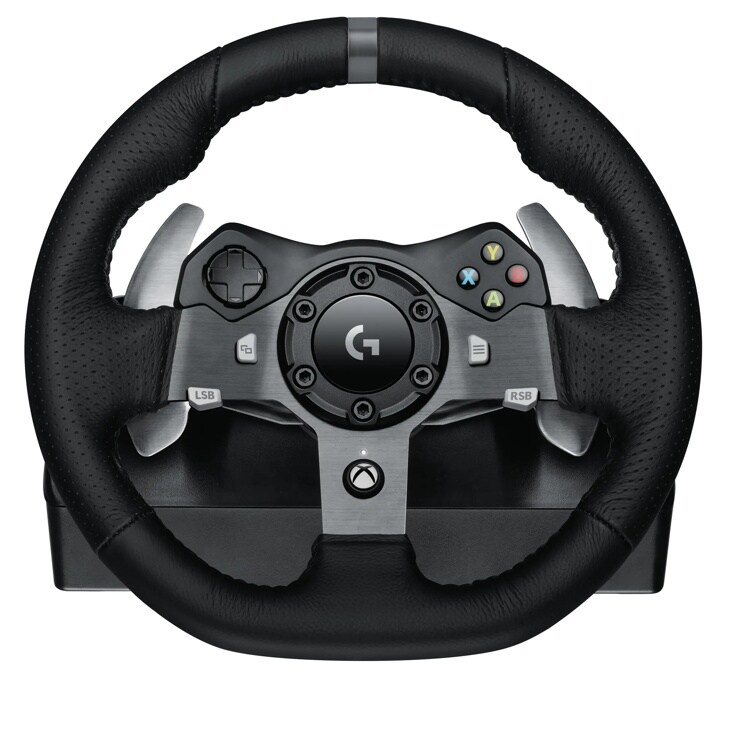 Logitech 941000121 gaming steering wheel with leather grip, metal accents, Xbox controller buttons, and paddle shifters - Front View