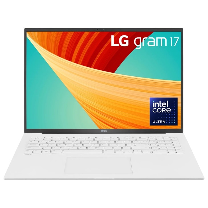 LG gram 17 laptop with Intel Core Ultra processor, colorful display and white keyboard Front View