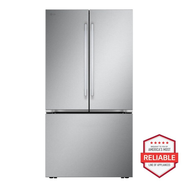 LG LRFLC2726S French Door Refrigerator with Americas Most Reliable Line of Appliances badge - Front View
