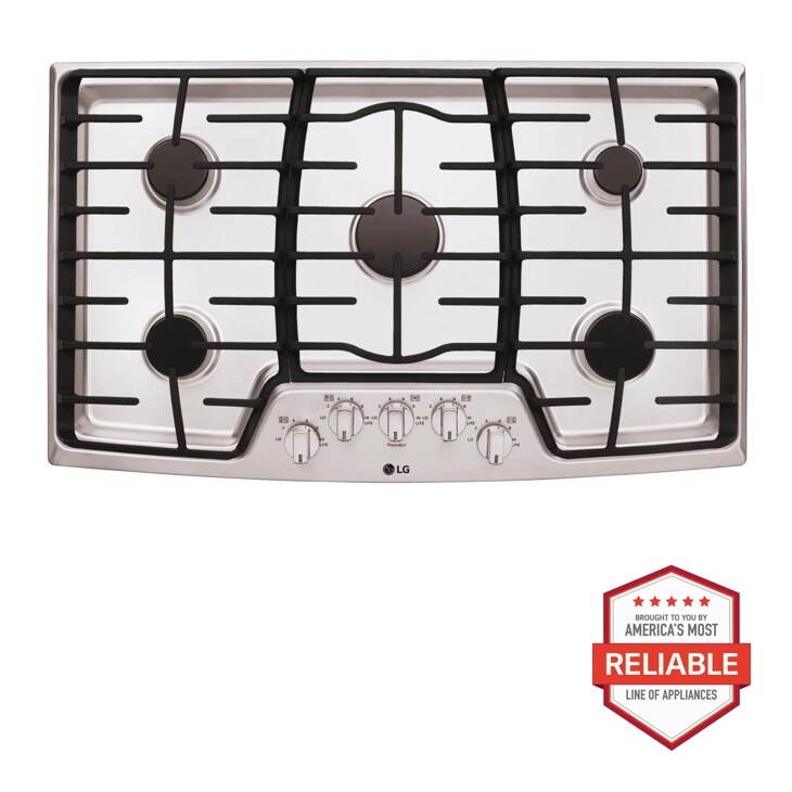 Front view of the 36” Gas Cooktop with SuperBoil™ - LCG3611ST. Includes a graphic logo that says, Brought to you by America’s Most Reliable Line of Appliances.