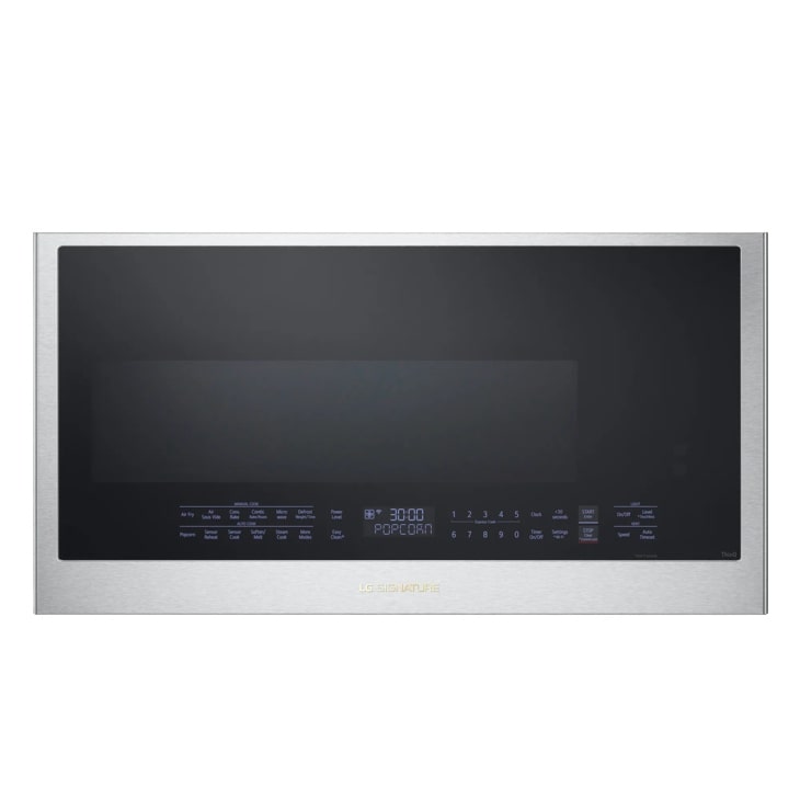 MHEU1738X Over-the-Range Microwave with stainless steel frame and digital control panel displaying popcorn setting - Front View