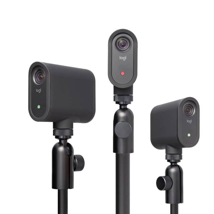 Logitech 961000500 webcams with adjustable mounting stands showing three different camera positions with status indicator lights