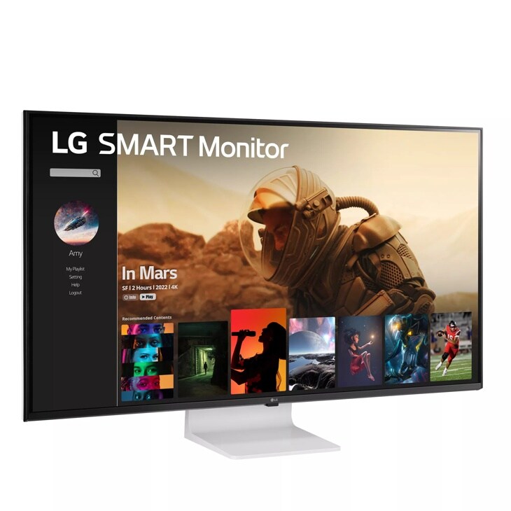 Left side view of the 43 Inch LG MyView (43SQ700S-W) White Smart Monitor with 4K UHD resolution and webOS