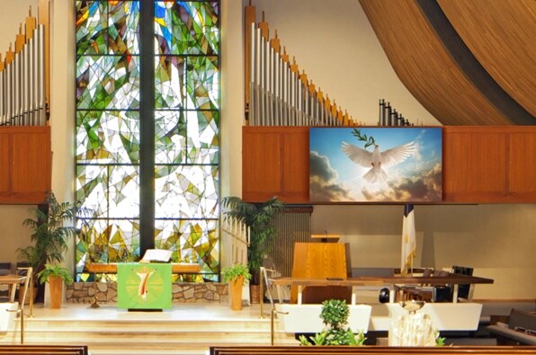 Church interior with stained glass, organ pipes, and a digital screen showing a dove with an olive branch.
