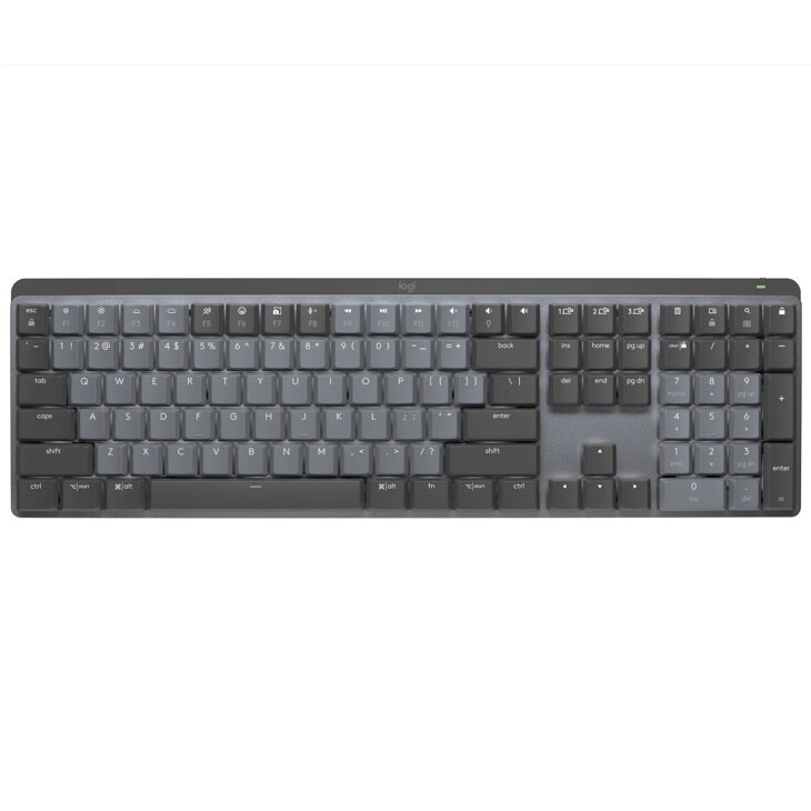 Logitech 920010549 wireless keyboard with full-size layout featuring dark gray keys and numeric keypad - Top view