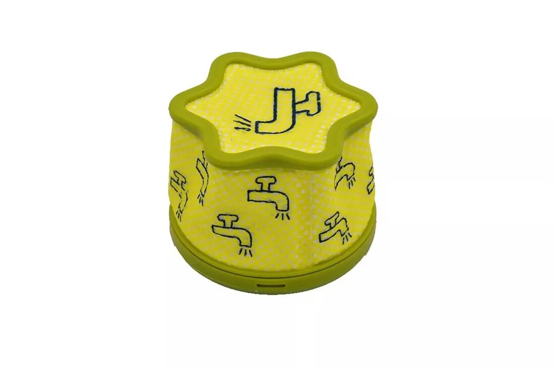 ADQ74774002 vacuum filter with bright yellow star-shaped top and green border featuring water faucet illustrations on sides