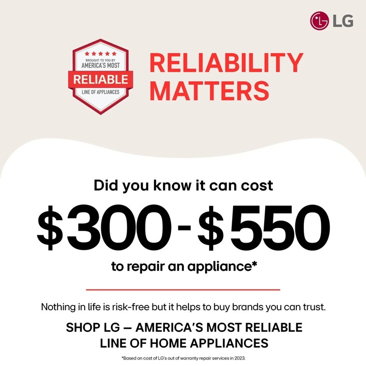 BROUGHT TO YOU BY
AMERICA'S MOST
RELIABLE
LINE OF APPLIANCES
RELIABILITY
MATTERS
LG
Did you know it can cost
$300-$550
to repair an appliance*
Nothing in life is risk-free but it helps to buy brands you can trust. SHOP LG - AMERICA'S MOST RELIABLE LINE OF HOME APPLIANCES
*Based on cost of LG's out of warranty repair services in 2023.