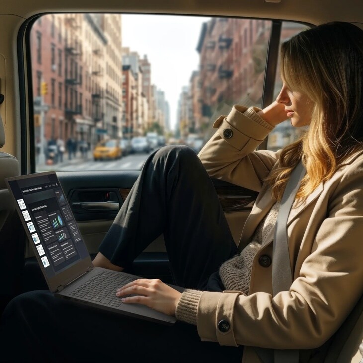 LG Gram 16T95TP-K.AA77U1 laptop being used in car backseat with city street view through window - Lifestyle