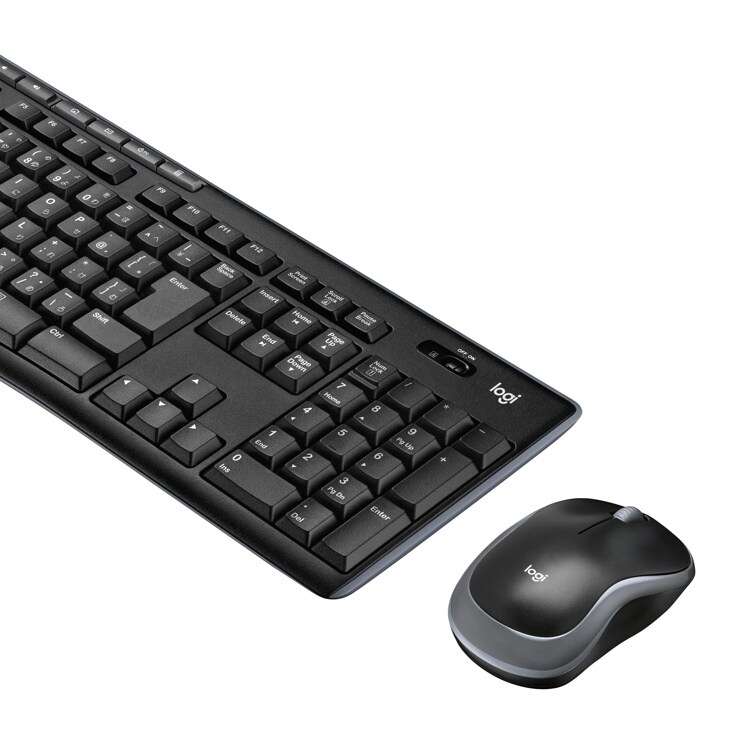 Logitech 920004536 wireless keyboard and mouse combo featuring black keyboard with full layout and compact black mouse with silver trim