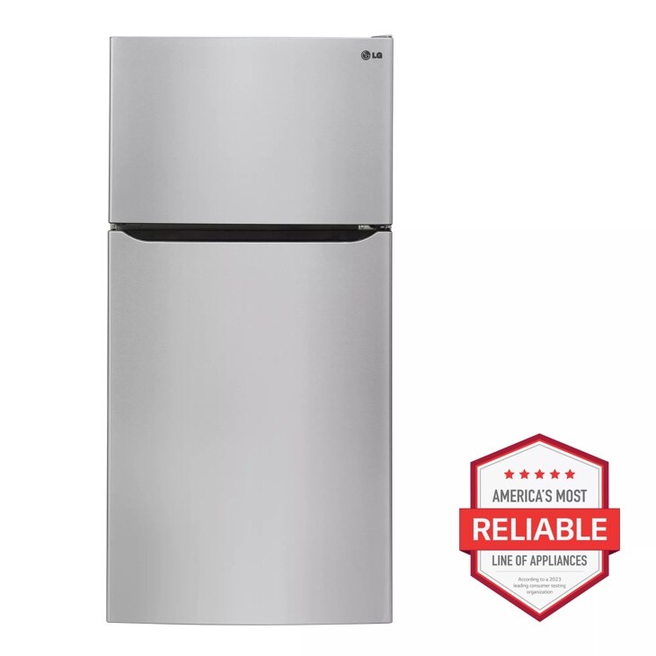 Front view of the 24 cu. ft. Top Freezer Refrigerator - LTWS24223S. Includes a graphic logo that says, Brought to you by America’s Most Reliable Line of Appliances.