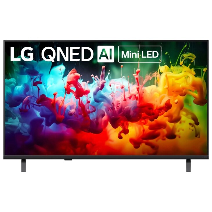 43-Inch LG QNED AI Mini LED 4K TV 43QNED75BUA displaying vibrant colorful ink swirls in blue, red, yellow and green - Front View