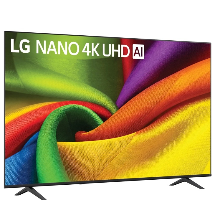 75-Inch LG NANO 4K UHD AI TV 75NU850BPUA with colorful fabric swirl display image - Side Angle