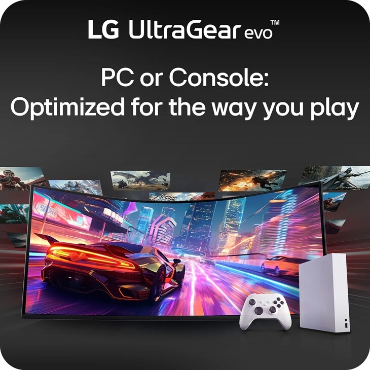 LG 52G930B-B UltraGear evo Monitor PC or Console: Optimized for the way you play infographic showing gaming monitor with racing game and console