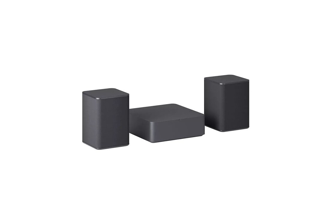 LG SPQ8S Soundbar with rear speakers left side angle view