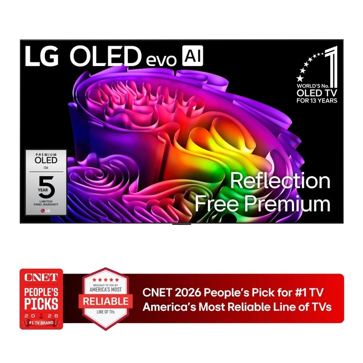 65-Inch LG OLED evo AI G6 4K OLED TV OLED65G6WUA with Reflection Free Premium and Worlds No. 1 OLED TV for 13 Years badge featuring CNET 2026 Peoples Pick for #1 TV Americas Most Reliable Line of TVs award