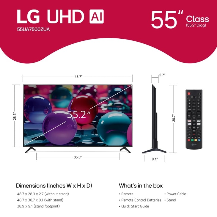 55 inch Class LG UHD AI UA75 4K Smart TV 2025 - 55UA7500ZUA.AUS