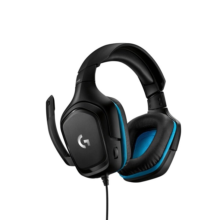 Logitech 981000769 gaming headset with black exterior, blue ear cushion accents, adjustable microphone, and G logo on earcup