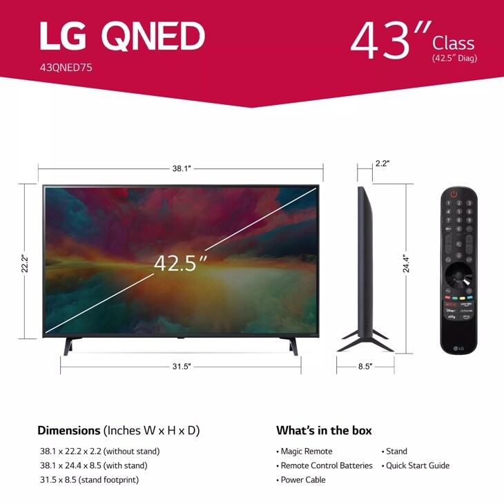 LG 43 Inch Class QNED75 series LED 4K UHD Smart webOS 23 w/ ThinQ AI TV