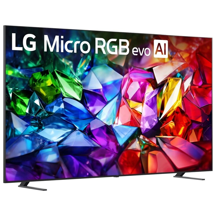 LG Micro RGB evo AI 4K QNED TV 100MRGB95BU displaying vibrant colorful crystal-like imagery with rich blues, greens, purples and reds - Side Angle