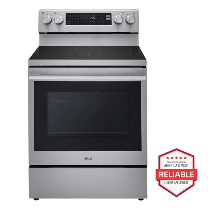 LG LRYKC2606S_LREN6325XE_LDFN4542S Electric Range with America's Most Reliable badge Front View