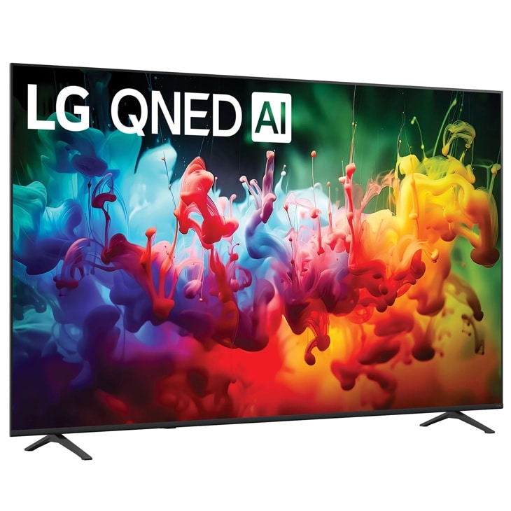 85-Inch LG QNED AI 4K TV 85QNED75BUA displaying vibrant colorful ink swirls in blue, red, yellow and green - Right View