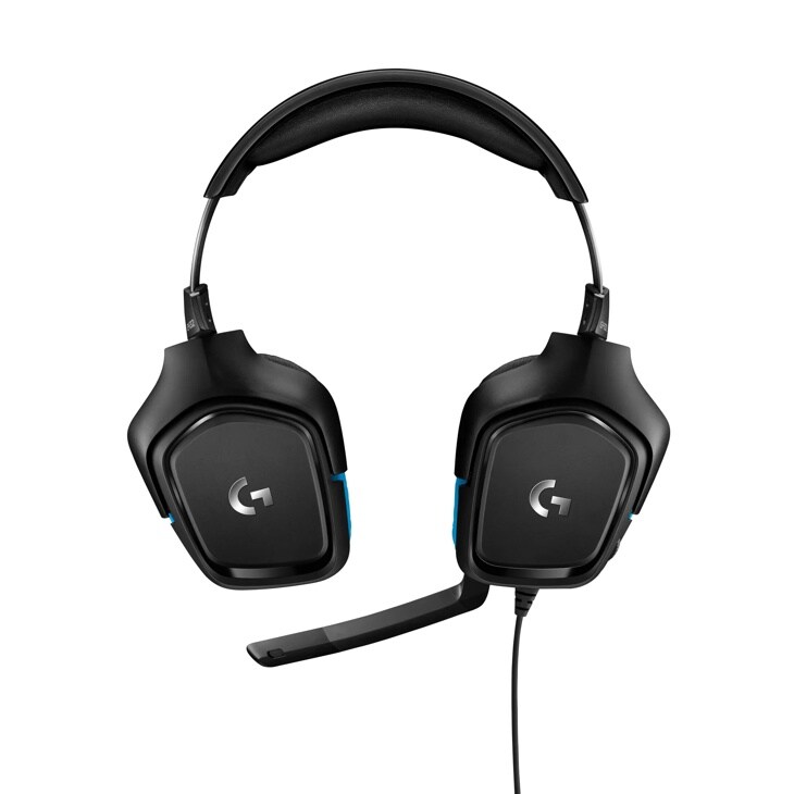 Logitech 981000769 gaming headset with padded ear cups, adjustable headband, attached microphone, and blue accent lighting - Front View