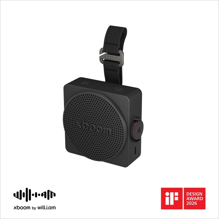 MINI_ANOALBK portable speaker with black fabric strap, circular perforated speaker grille, and side control button featuring iF Design Award 2026 badge