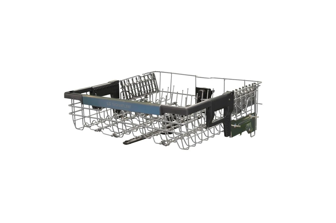 LG AHB73129205 Dishwasher upper rack with adjustable tines and blue handle trim - Interior Component Close-Up
