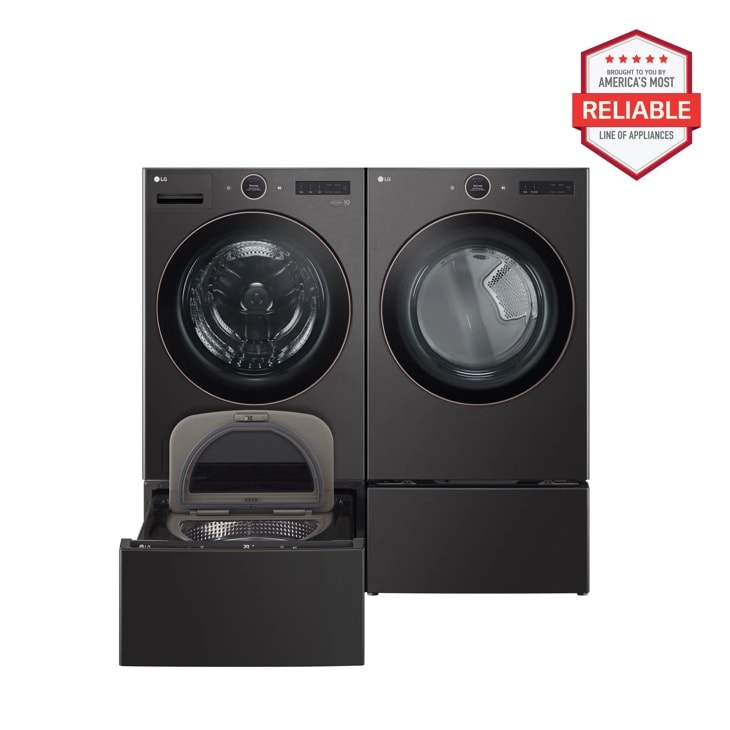 5.0 cu. ft. Front Load Washer and 7.4 cu. ft. Gas Dryer with pedestal washer and drawer in Black Steel WM6500HBA_DLGX6501B_WD300CB_WDP6B