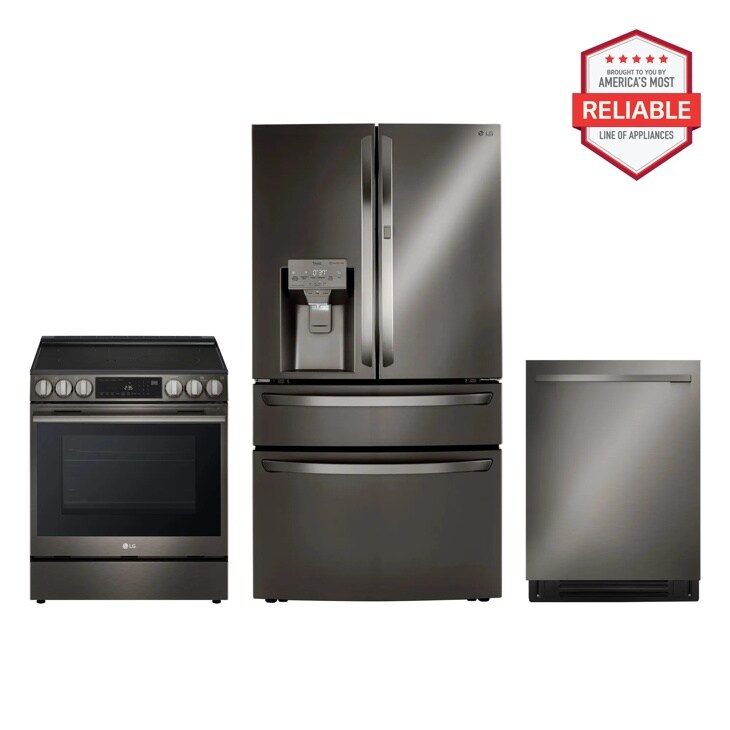 30 cu. ft. Smart Refrigerator with Exterior Water Dispenser and Craft Ice™ with Slide-in Electric Range and FlushFit™ Top Control Dishwasher Kitchen Package in Black Stainless Steel
LRMDS3006D_LSEL6335ZE_LDNTM545D
