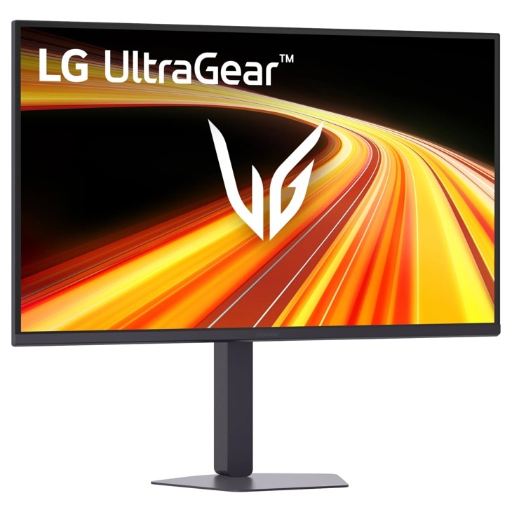 LG 32G620B-B UltraGear Gaming Monitor displaying dynamic orange and yellow light streaks with UltraGear logo on screen - Right View
