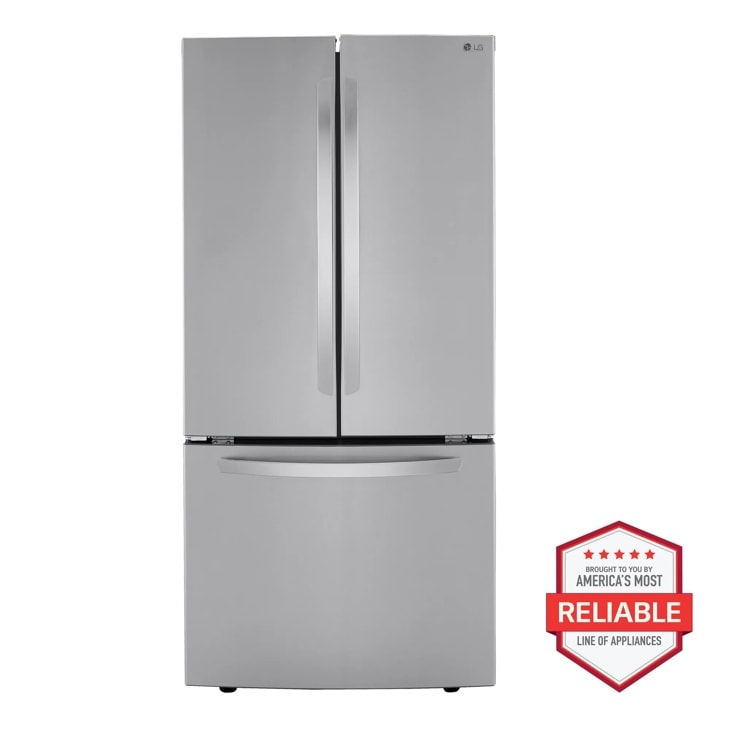 Front view of the 25 cu. ft. French Door Refrigerator - LRFCS25D3S. Includes a graphic logo that says, Brought to you by America’s Most Reliable Line of Appliances.