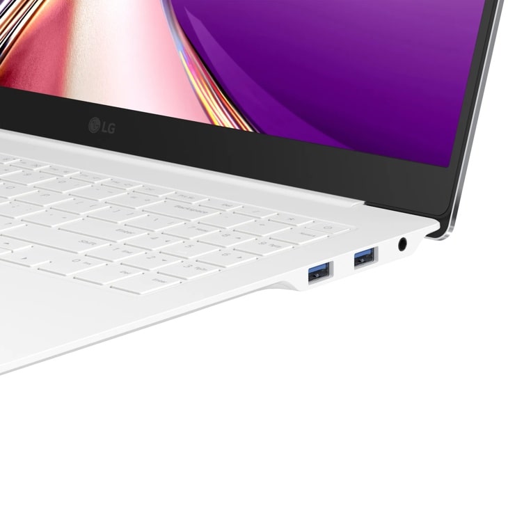 LG Gram 16Z95U-G.AU82U1 Laptop showing USB ports and keyboard edge with vibrant purple display screen - Left View