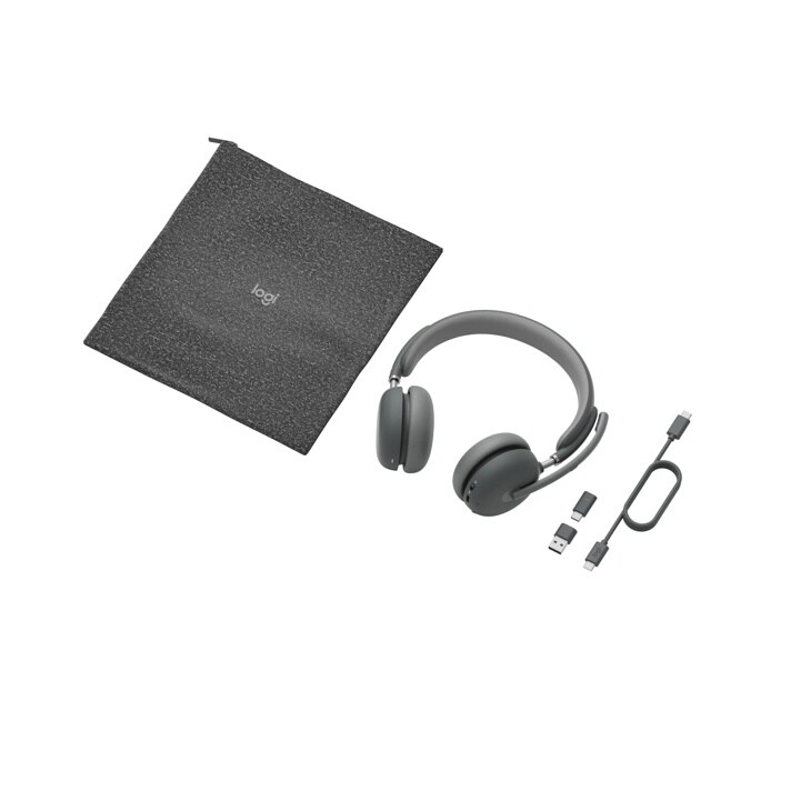 Logitech 981001435 wireless headset with microphone, storage pouch, and USB connection cables