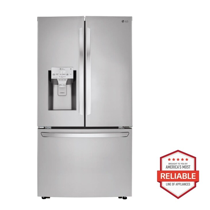 Front view of the 24 cu. ft. Smart French Door Counter-Depth Refrigerator - LRFXC2406S. Includes a graphic logo that says, Brought to you by America’s Most Reliable Line of Appliances.