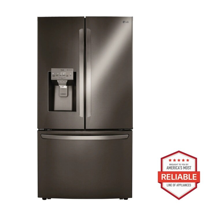 Front view of the 24 cu. ft. Smart Counter-Depth Refrigerator with Craft Ice™ - LRFXC2416D. Includes a graphic logo that says, Brought to you by America’s Most Reliable Line of Appliances.