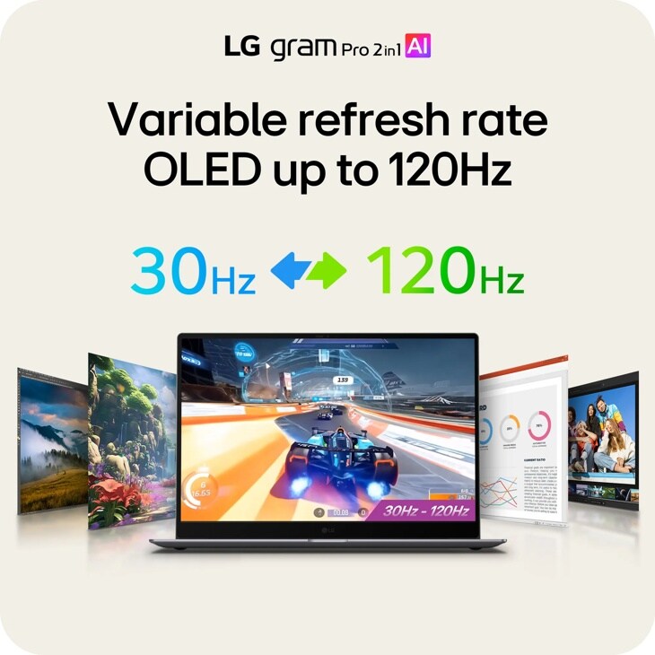 LG Gram Pro 2in1 16T95TP-K_AA77U1 laptop with variable refresh rate OLED display ranging from 30Hz to 120Hz showing gaming and productivity screens