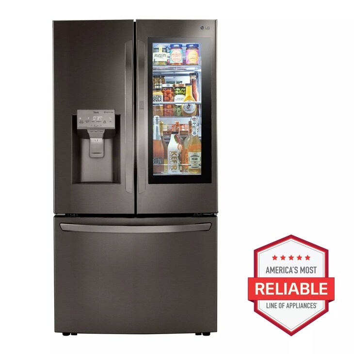 Front view of the 24 cu. ft. Smart wi-fi Enabled InstaView™ Door-in-Door® Counter-Depth Refrigerator with Craft Ice™ Maker - LRFVC2406D. Includes a graphic logo that says, Brought to you by America’s Most Reliable Line of Appliances.