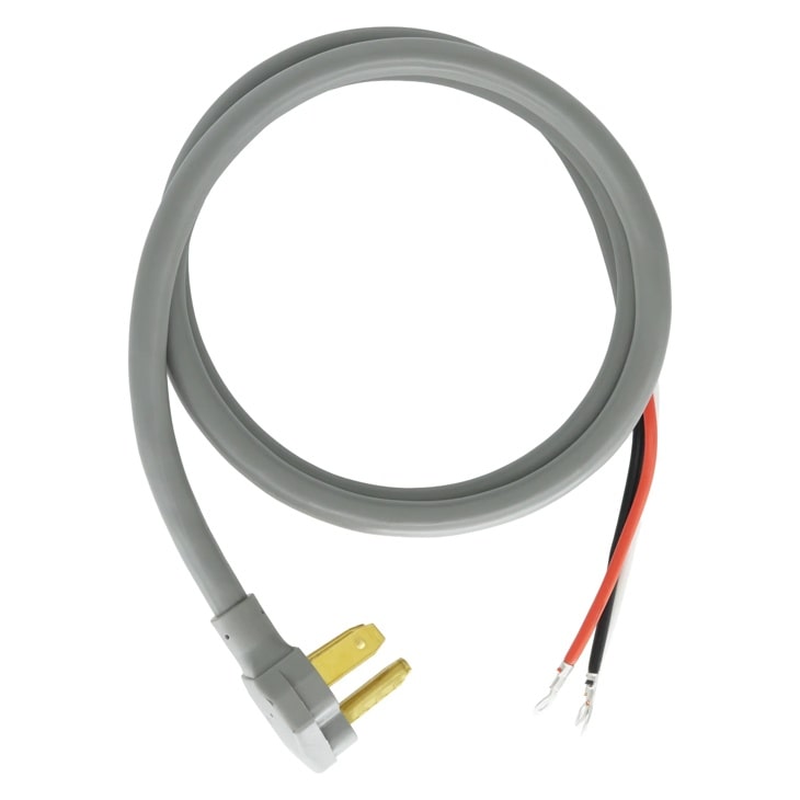 Laundry accessories power cord with grey plug and exposed red and black wires.