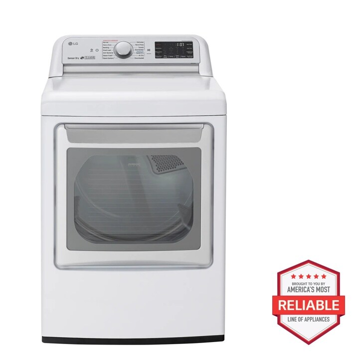 Front view of the 7.3 cu.ft. Smart wi-fi Enabled Electric Dryer with TurboSteam™ - DLEX7800WE. Includes a graphic logo that says, Brought to you by America’s Most Reliable Line of Appliances.
